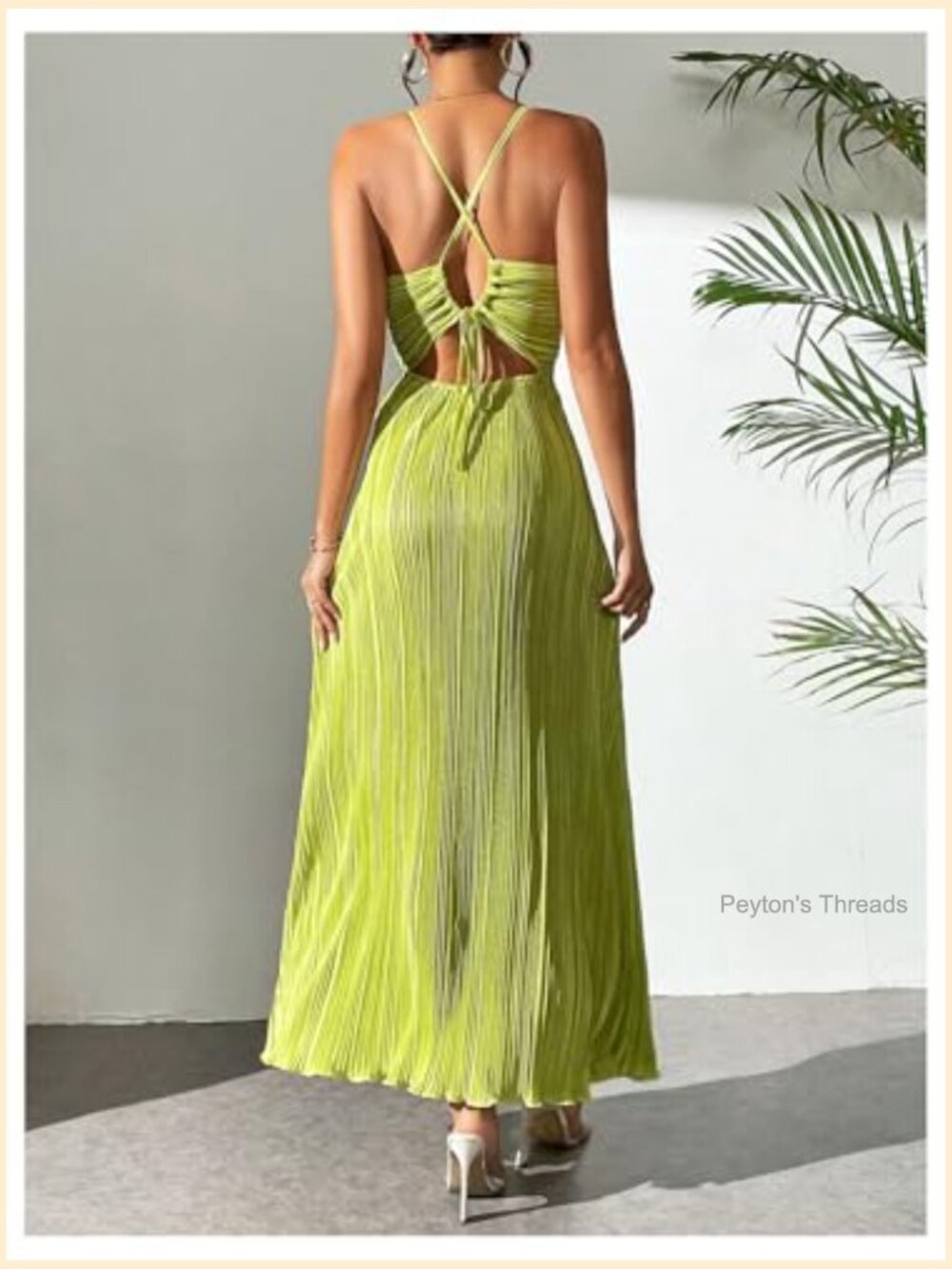 Textured V Neck Sundress Spaghetti Strap Tie Back Pleated A Line Long Maxi - Picture 3 of 5